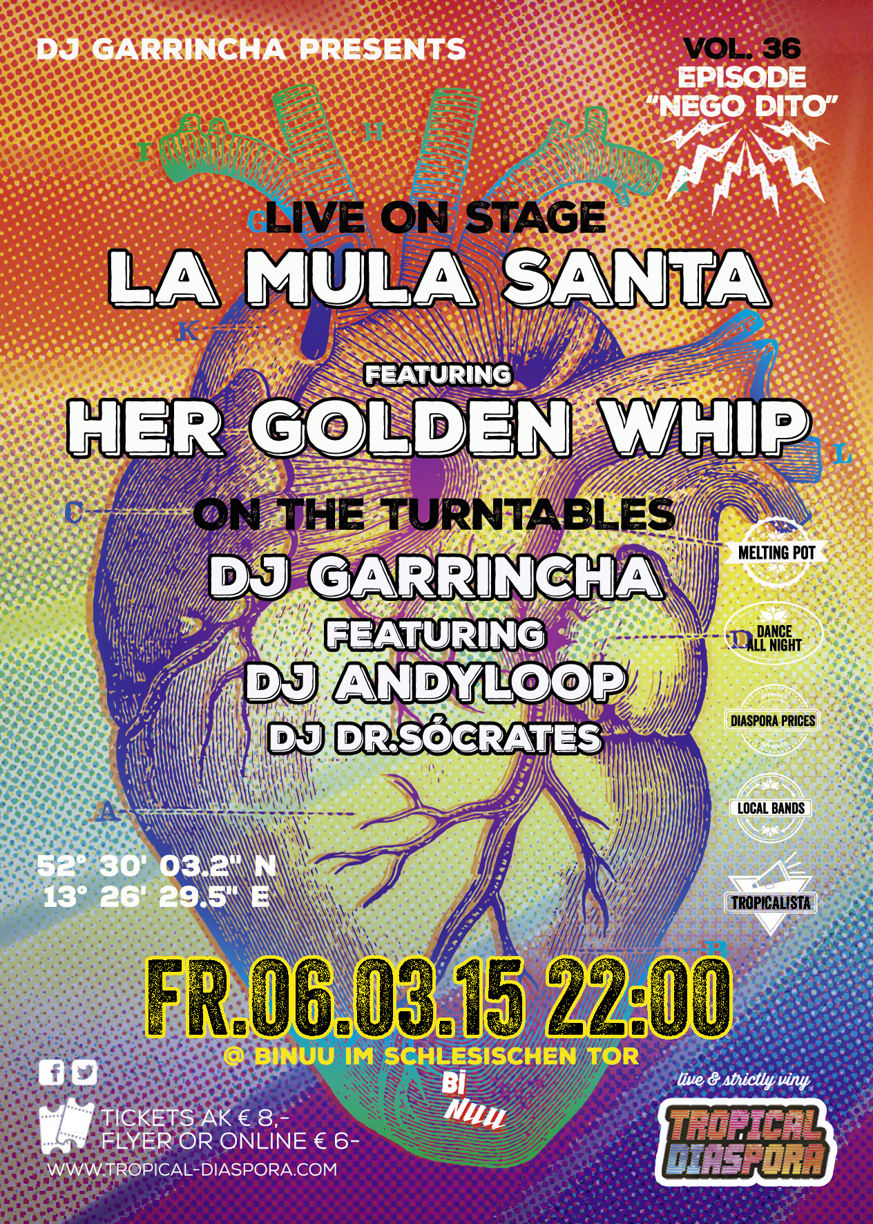 Tropical Diaspora® Party vol.36 "NEGO DITO" Featuring Her Golden Whip &  LA MULA SANTA • After Party Strictly Vinyl with Djs GArRinchA & Dr.Sócrates Special Guest Dj Andyloop 06/03/2015 @ 22:00 CEST