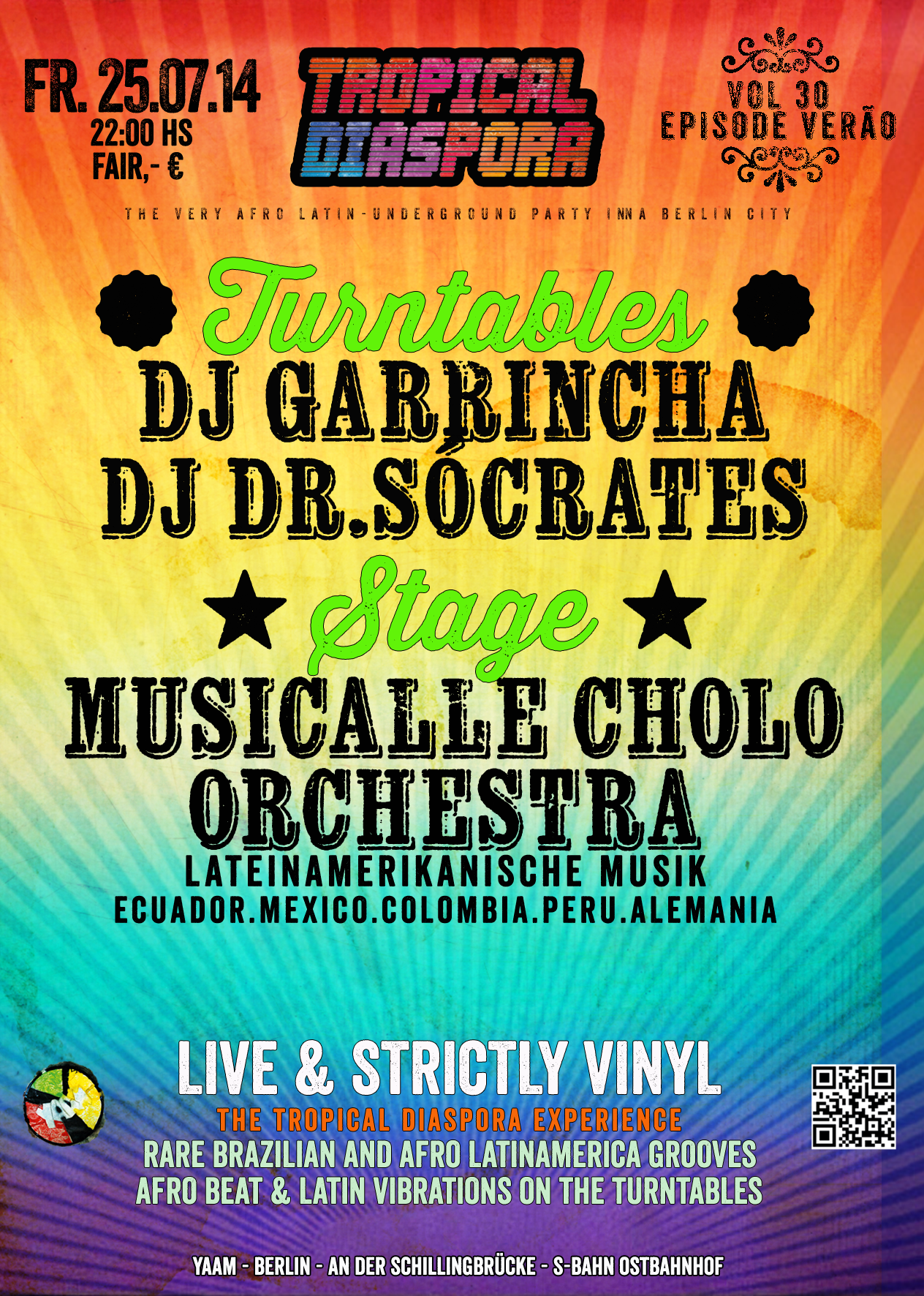 Tropical Diaspora® Party vol.30 EPISODE VERÃO Featuring MUSICALLE CHOLO ORCHESTRA • After Party Strictly Vinyl with Djs GArRinchA & Dr.Sócrates 25/07/2014 @ 22:00 CEST