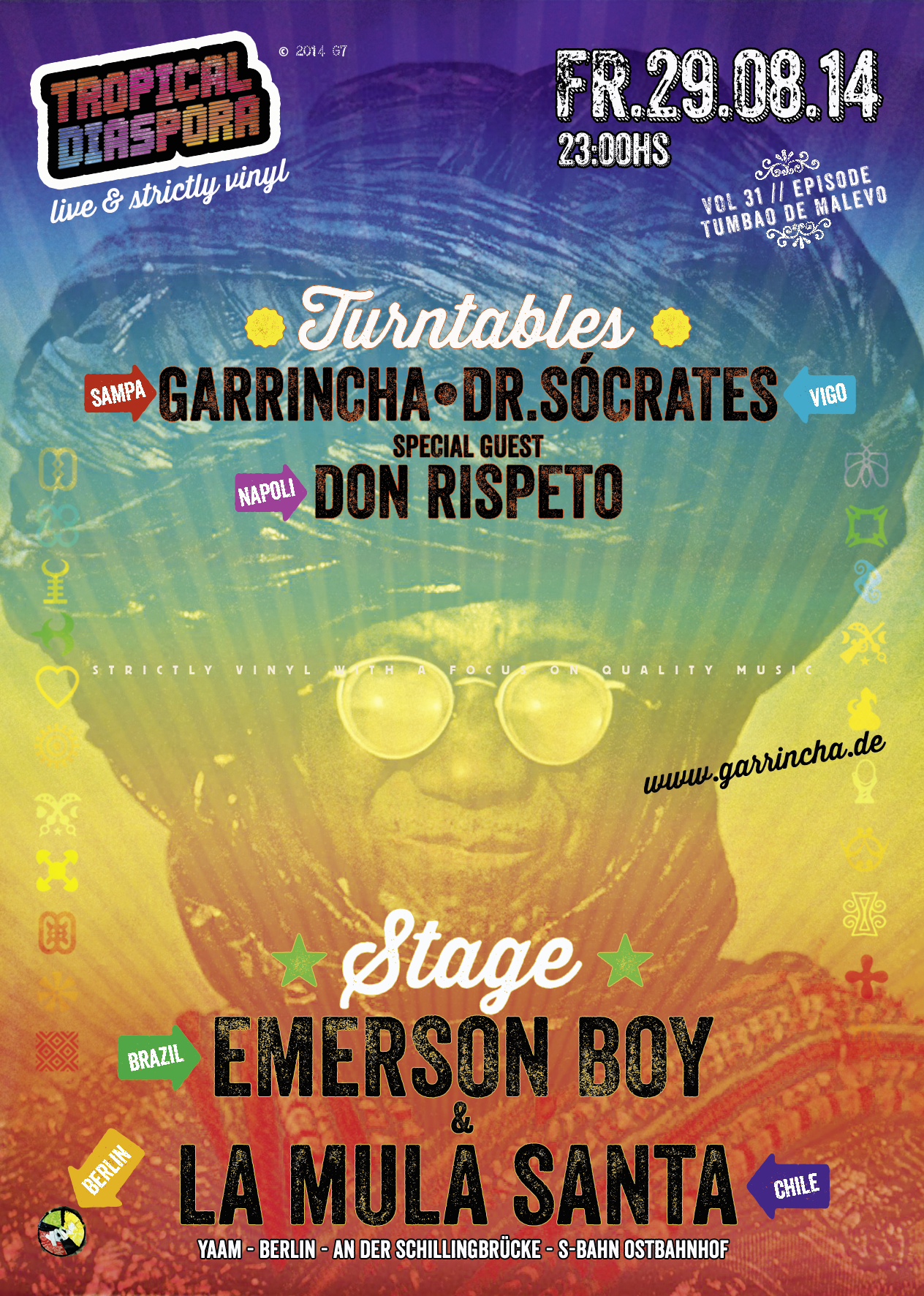 Tropical Diaspora® Party vol.31 EPISODE VERÃO Featuring EMERSON BOY & LA MULA SANTA Special Guests AVA ROCHA & NEGRO LEO• After Party Strictly Vinyl with Djs GArRinchA & Dr.Sócrates Special Guest Don Rispeto 29/08/2014 @ 22:00 CEST